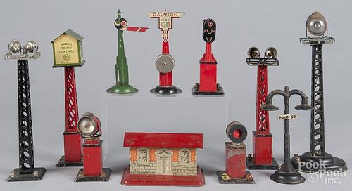 Collection of tin litho train accessories, some Marx.