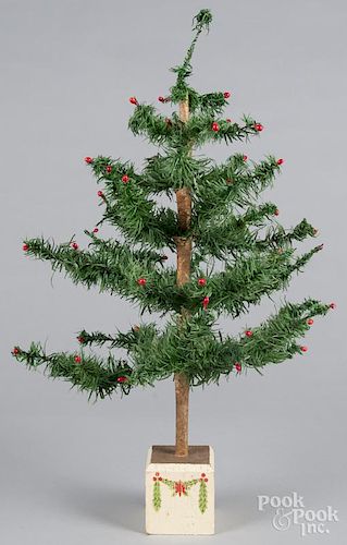 Feather tree, early 20th c., with stenciled base, 23'' h.