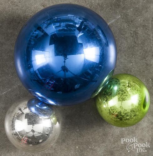 Three glass kugel Christmas ornaments, 8'' h. and 4'' h.