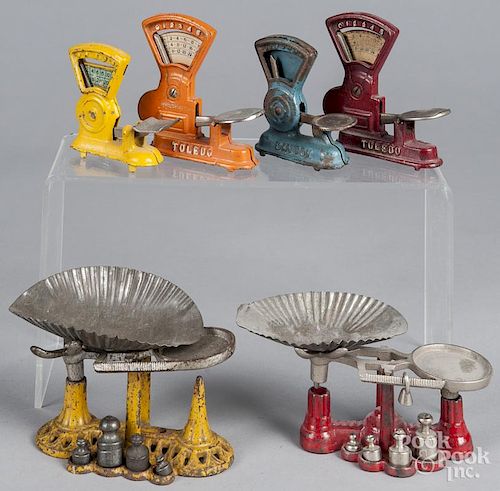 Six cast iron toy balance scales, to include Dayton, Howe, and Toledo, tallest - 4''.