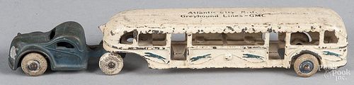 Arcade cast iron tandem bus, inscribed Atlantic City, N. J. - Greyhound Lines - GMC, 10 1/4'' l.