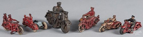 Six small cast iron motorcycles, two Hubley Cop with sidecar, largest - 6'' l.