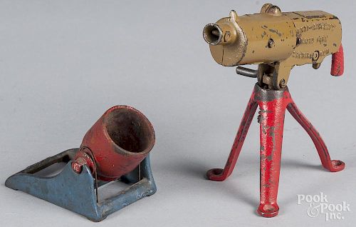 Grey Iron cast iron Anti - Aircraft Rapid Fire Machine Gun, on a tripod stand, 5 1/2'' h., together