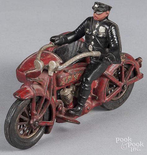 Hubley cast iron Indian motorcycle, with sidecar and police driver, 8 1/2'' l.
