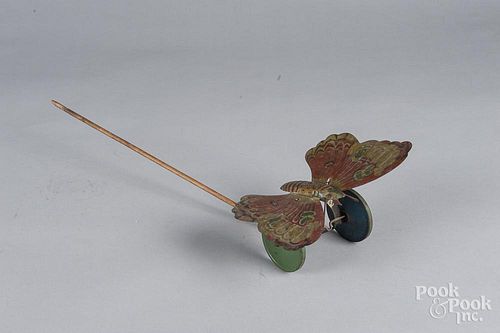 Tin litho butterfly push toy, wingspan - 8 3/4''.