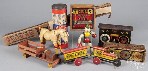 Group of Toy Tinker wooden toys to include a wooden and tin train, together with a box of Tinker toy