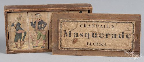 Crandall's Masquerade paper litho over wood blocks, with original slide lid box, box - 9'' l.