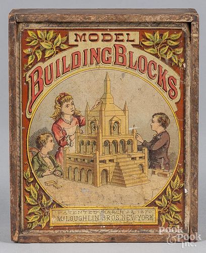 McLoughlin Bros. Model Building Blocks in original slide lid box, box - 9 3/4'' l.