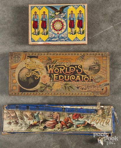 Group of children's games, to include a W. S. Reed paper litho The Worlds Educator game, McLoughli