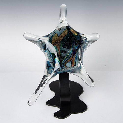 Rollin Karg Dichroic Art Glass Sculpture on Stand, Signed