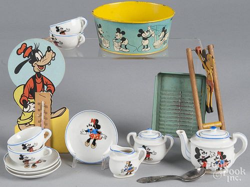 Collection of Mickey Mouse items, to include a tin litho wash tub and wash board, a jointed wood acr