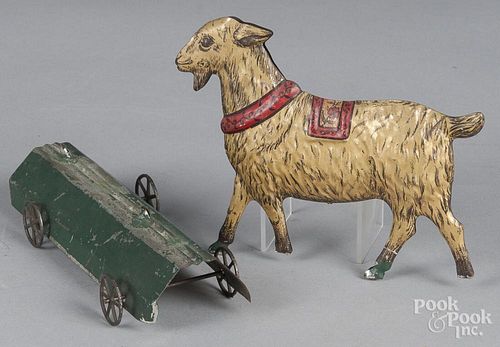 Early American tin goat pull toy, 7'' l.