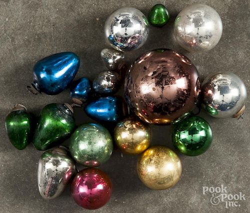 Group of eighteen glass kugel Christmas ornaments with embossed caps, largest - 2 1/2'' dia.