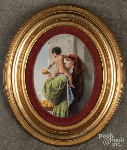 Painted porcelain plaque of a woman and child, 7 1/2'' x 5 1/2''.