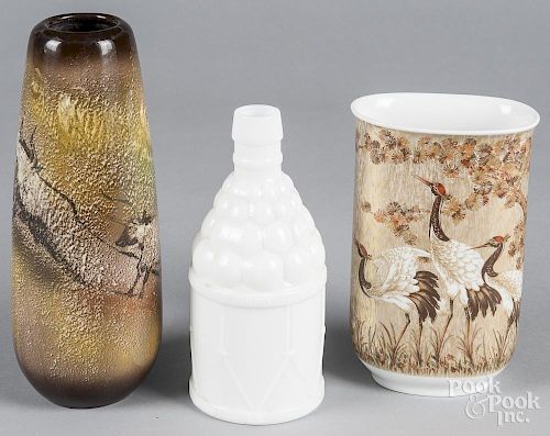 Two Japanesque porcelain vases, together with a milk glass bottle, tallest - 9 1/2'' h.