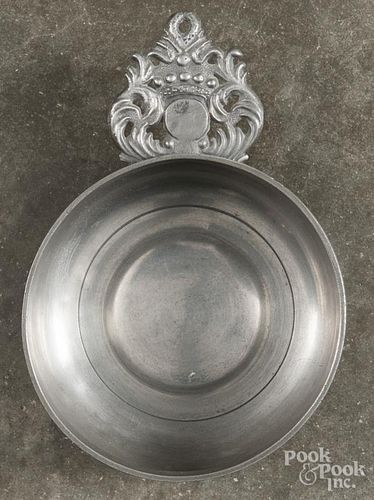 Hartford, Connecticut crown handled pewter porringer, ca. 1840, bearing the touch of Thomas Danforth