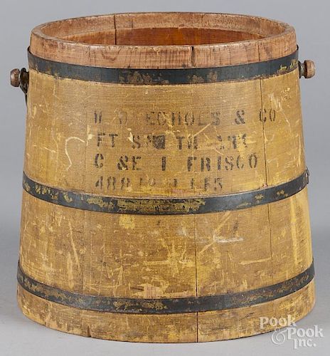 Painted pine bucket, 19th c., stamped Ft. Smith Ark, retaining its original yellow surface, 10 3/4
