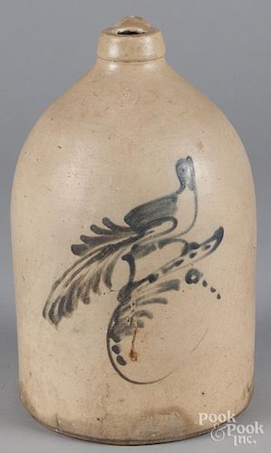 Stoneware jug, 19th c., with cobalt bird decoration, 14'' h.