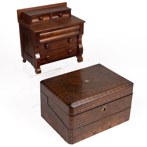 MINIATURE EMPIRE CHEST AND INLAID LAP DESK, LOT OF TWO