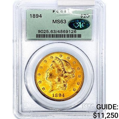 1894 CAC $20 Gold Double Eagle PCGS MS63