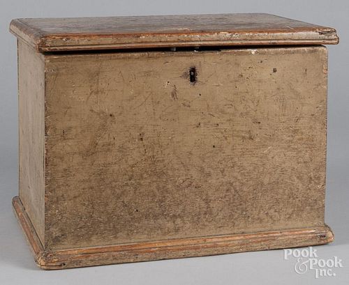 Painted pine lock box, late 18th c., retaining an old ochre surface, 12'' h., 16 3/4'' w.