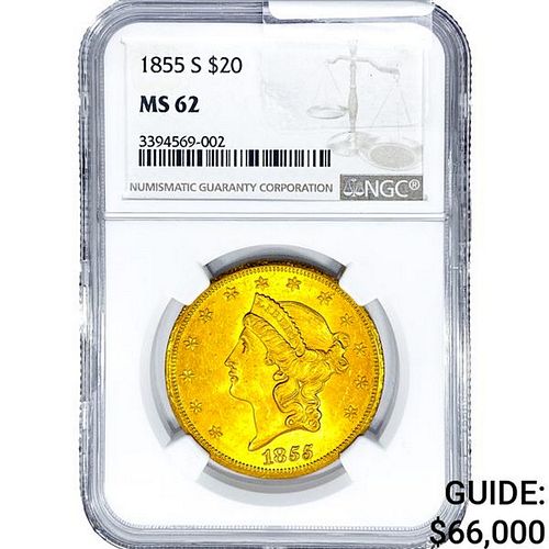 1855-S $20 Gold Double Eagle NGC MS62