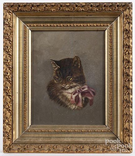 Pair of oil on canvas works of a cat and dog, late 19th c., 10'' x 8''.