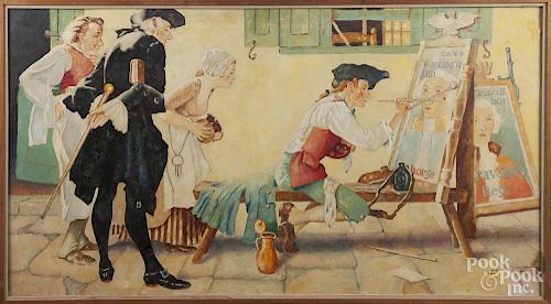 J. Ed. Quigley (American mid 20th c.), oil on canvas illustration of a gentleman painting a sign for
