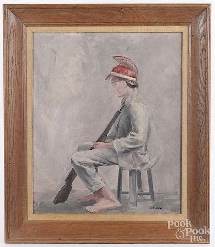 Doris Libby, 20th c., oil on canvas of a young man with rifle, signed lower right, 24'' x 20''.