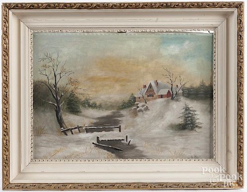 Primitive oil on canvas winter landscape, dated 1905, 13'' x 18''.