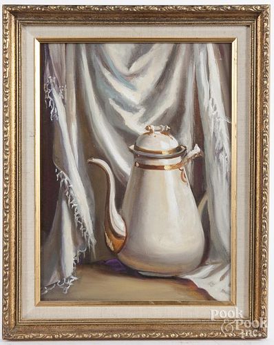 Oil on canvas still life with teapot, 20th c., 16'' x 12'', together with a landscape, signed H. Gabr