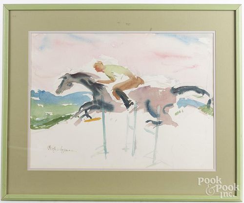 Cecile Johnson (American 1916-2010), watercolor steeplechase, signed lower left, 18'' x 24''.