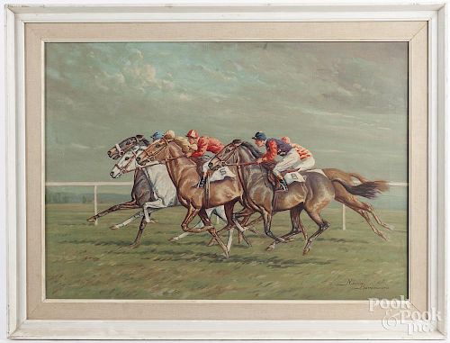 Ninetta Butterworth (British b. 1922), oil on canvas horse race, signed lower right, 20'' x 28''.