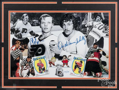 Framed photo, signed by Flyers Dave Schultz and Bob Kelly, 11'' x 17''.