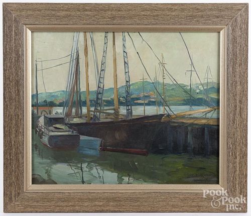 Oil on canvas harbor scene, after Edgar Payne, 18'' x 22''.