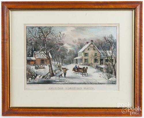 Currier & Ives color lithograph, titled American Homestead Winter, 8'' x 12 1/4''.