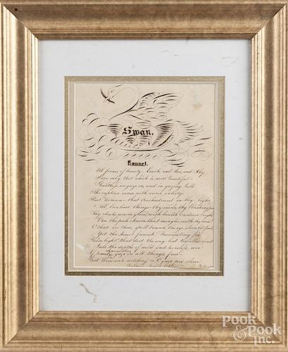 Virginia calligraphy Swan Sonnet, dated 1826, 9 1/4'' x 7''.