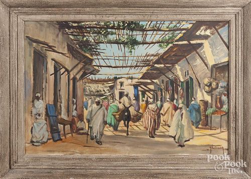Oil on canvas Arab market scene, mid 20th c., 23 1/2'' x 35 1/4''.