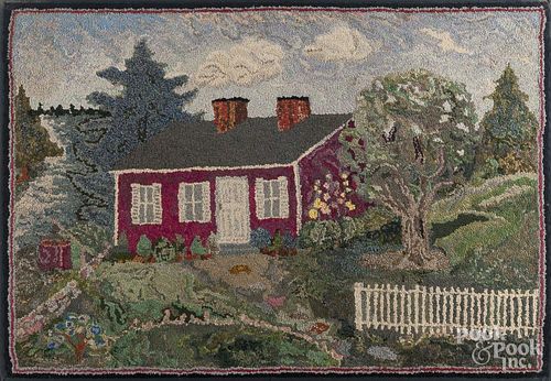 American hooked rug of a house, early/mid 20th c., 29'' x 42''.