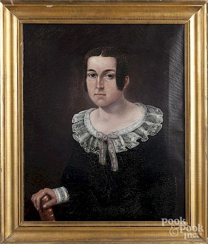 American oil on canvas portrait of a woman, ca. 1840, 27'' x 21 3/4''.