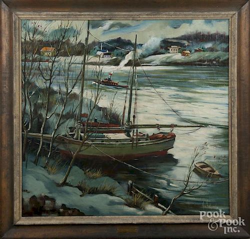 George Schwacha Jr. (American 1908-1986), oil on canvas winter river scene, signed lower right, 34''x