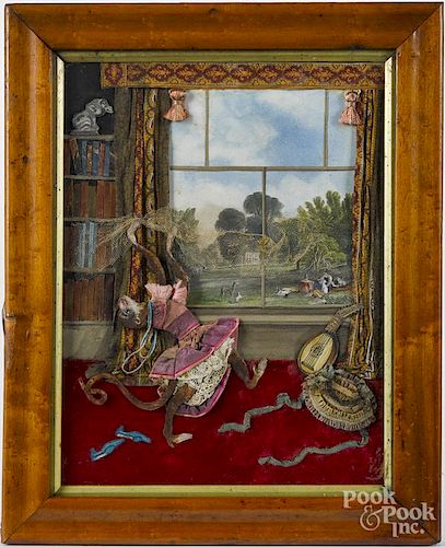 Victorian chromolithograph and fabric interior scene with a dancing monkey, 12'' x 9''.