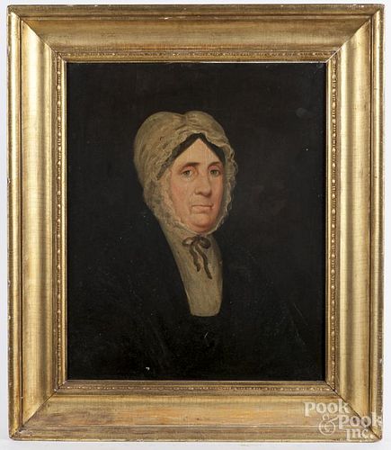 Pennsylvania oil on poplar panel portrait, 19th c., purportedly Catharine Walgrove Warner b. 1778, 2