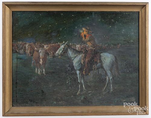 Frederic Burnett (American 20th c.), oil on board western landscape with cowboy, signed lower right,