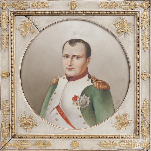 Painted porcelain plaque of Napoleon, ca. 1900, signed O. Brun, 10'' dia.