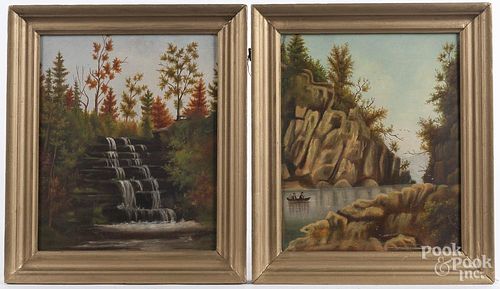 Pair of primitive oil on board river landscapes, late 19th c., 12'' x 10''.