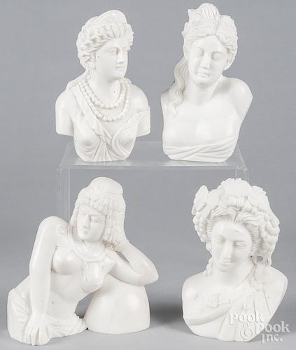 Four contemporary carved marble female busts, tallest - 8''.
