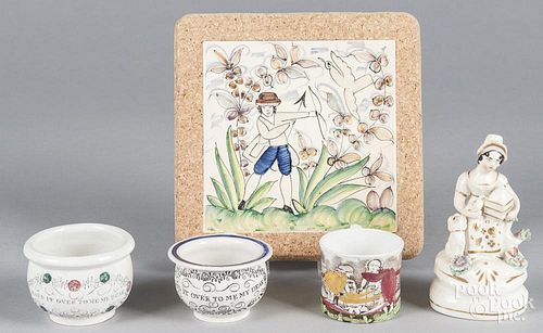 Three Staffordshire childrens cups, together with a figure and tile.