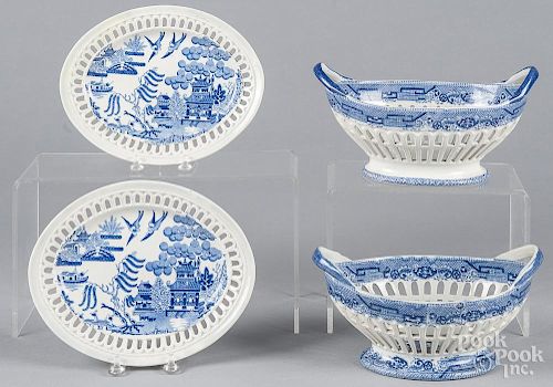 Pair of pearlware reticulated baskets with undertrays, 19th c., 4 1/4'' h., 8 1/4'' w.