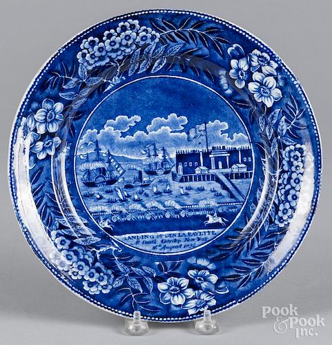 Historical blue Staffordshire Landing of Lafayette plate, 19th c., 10 1/8'' dia.